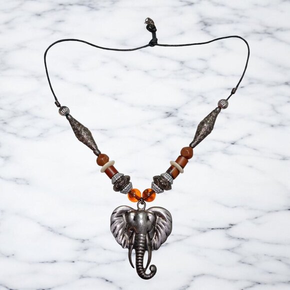 Vintage Boho Elephant Pendant Necklace With Beads & Adjustable Cord Tribal - Picture 1 of 7